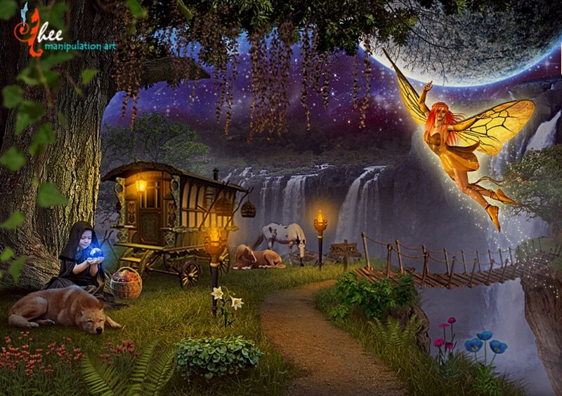 Fairy Flying over Waterfall
