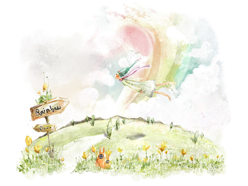 fairy flying toward rainbow