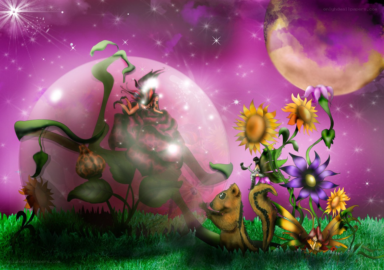 fairy garden under purple sky
