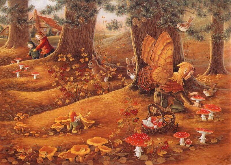 Fairy Gathering Mushrooms — Brown