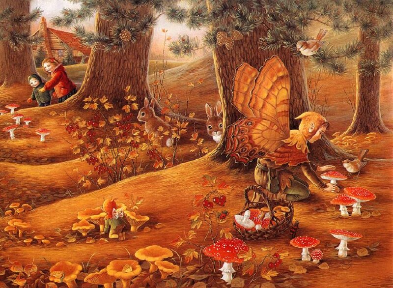 Fairy Gathering Mushrooms