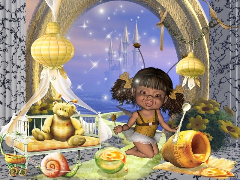 Fairy Girl with Teddy Bear — Yellow