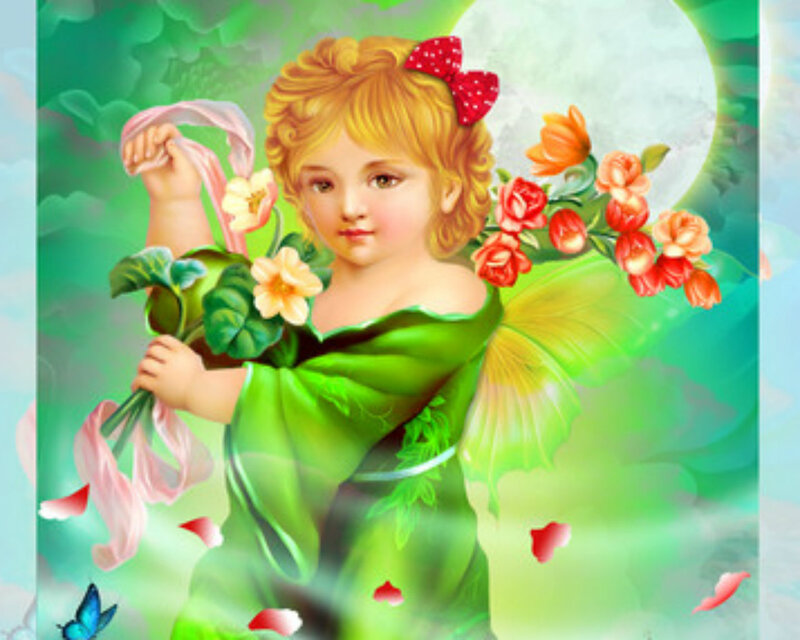 Fairy Holding Flowers — Green