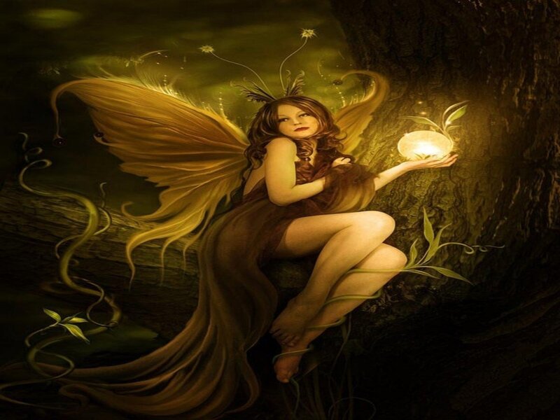 Fairy Holding Glowing Orb — Brown, Mystical