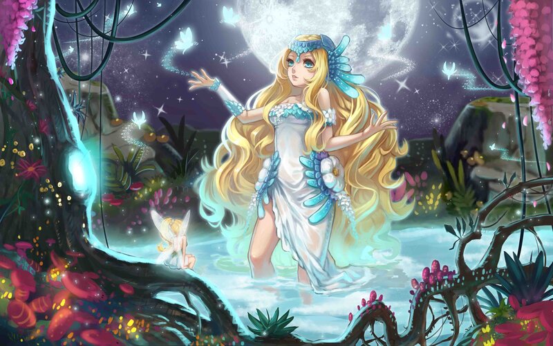 Fairy in a Forest — Blue, Serene, Night, Digital Art, Moon