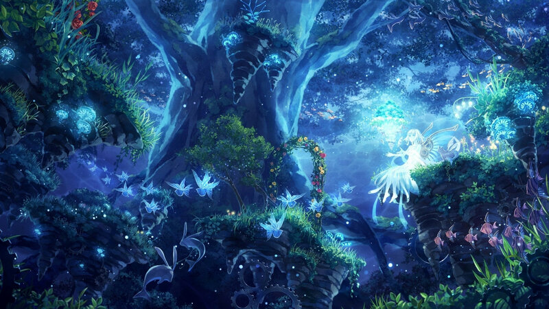 Fairy in a Forest — Blue, Serene, Night, Digital Art, Tree, Flowers