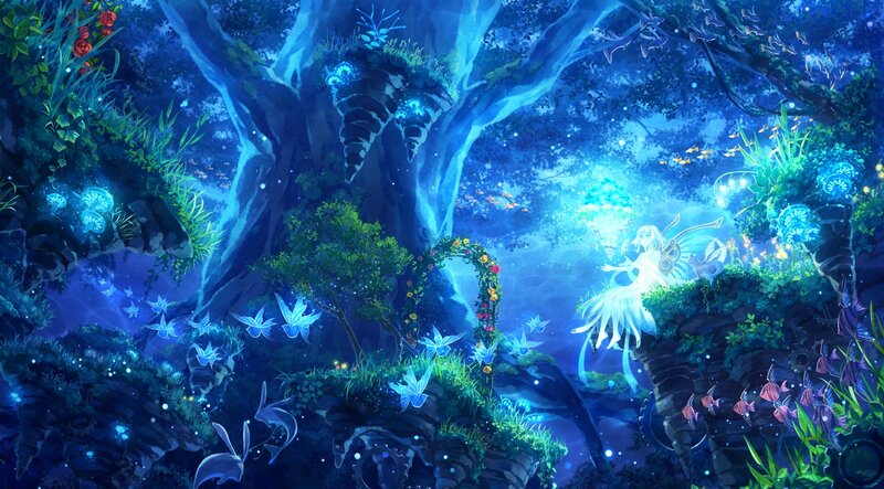 Fairy in a Forest — Blue, Serene, Night, Digital Art, Tree