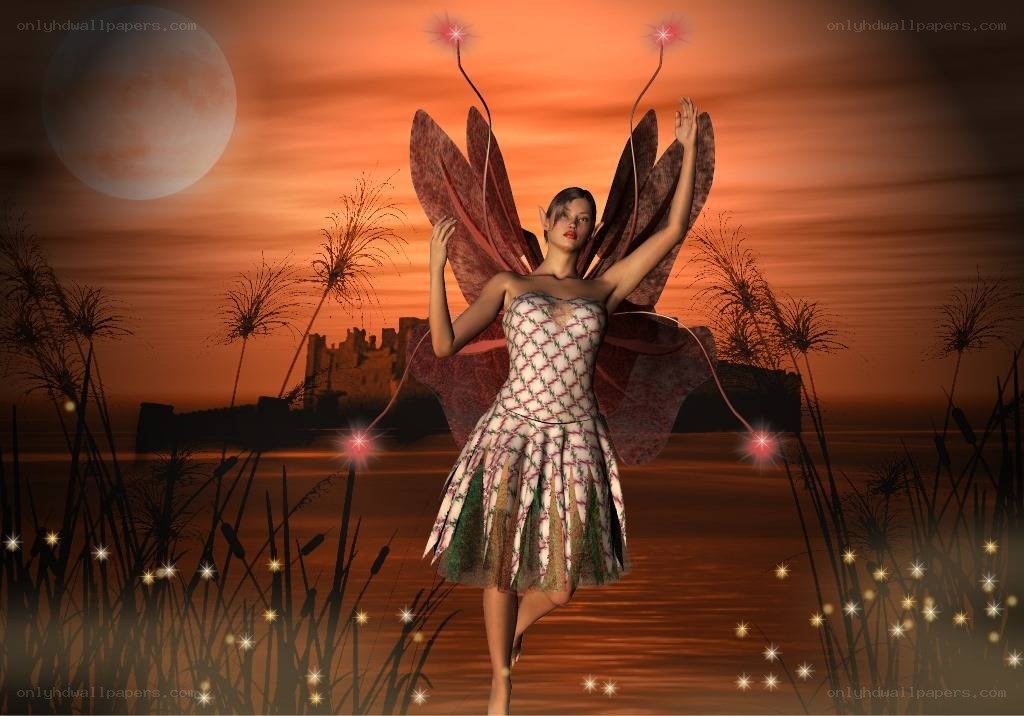 Fairy in a sunset landscape