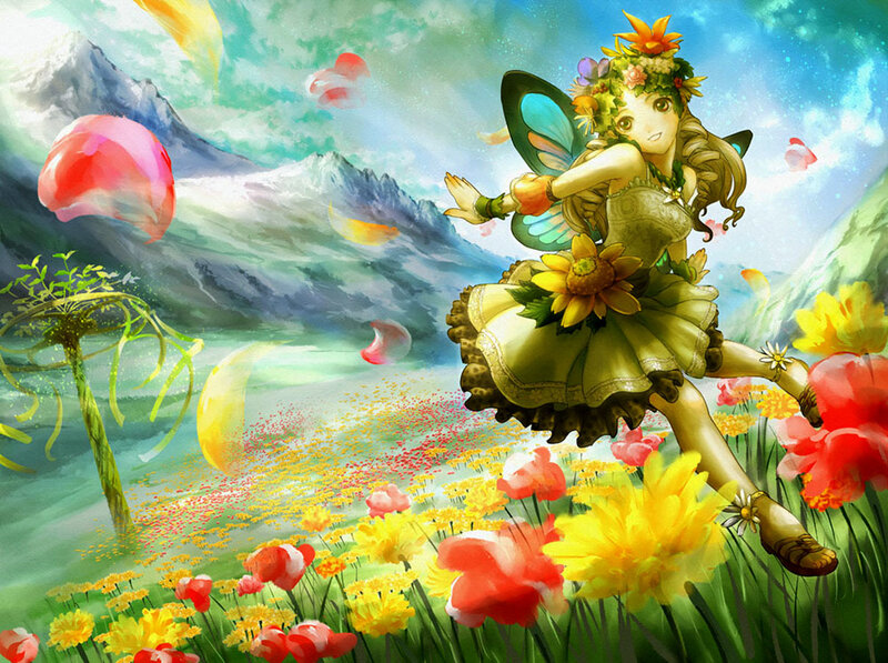Fairy in Flower Field — Green, Serene, Spring, Digital Art