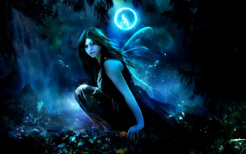 Fairy in Forest — Blue, Mystical, Night, Digital Art, Moon