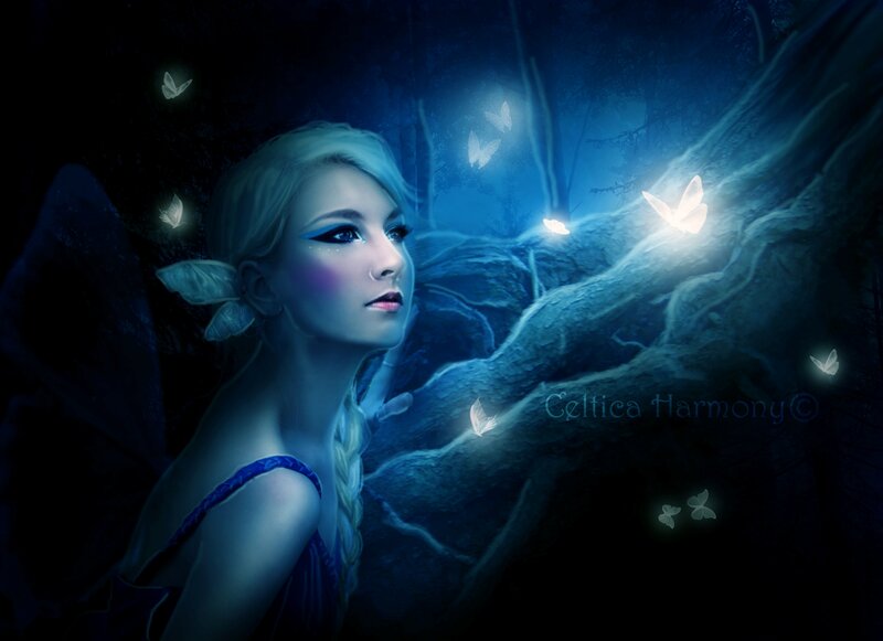 Fairy in Forest — Blue, Mystical, Night, Digital Art