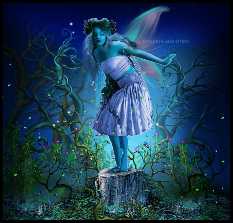 Fairy in Forest — Blue, Mystical, Night, Digital Art, Tree Stump