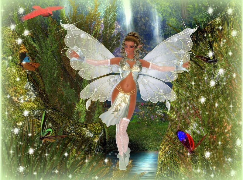 Fairy in Forest — Green, Magical, Afternoon, Digital Art, Butterflies