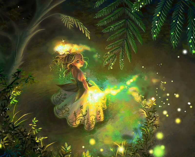 Fairy in Forest — Green, Magical, Night, Digital Art