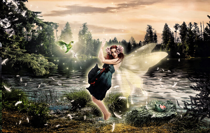 Fairy in Forest — Green, Magical, Sunset
