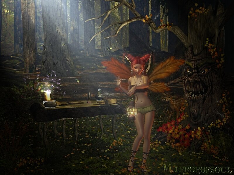 Fairy in Forest — Green, Mysterious, Night, Digital Art