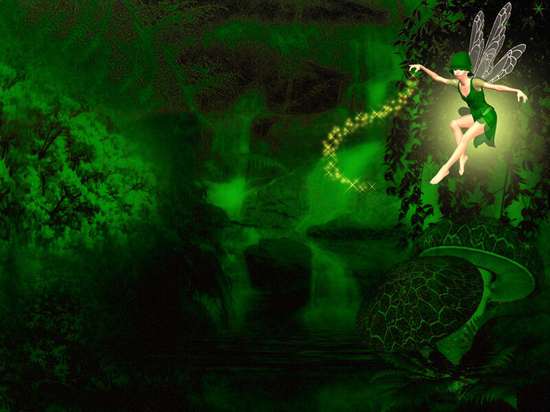 Fairy in Forest — Green, Mystical, Night, Digital Art, Mushroom