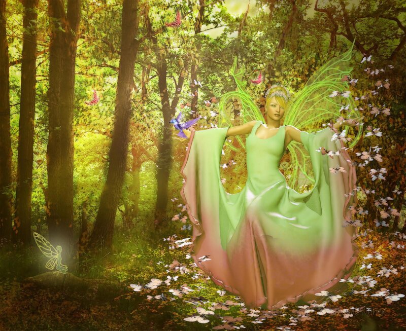 Fairy in Forest — Green, Serene, Afternoon, Digital Art, Butterflies