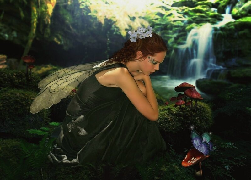 Fairy in Forest — Green, Serene, Afternoon, Digital Art, Mushrooms, Butterfly