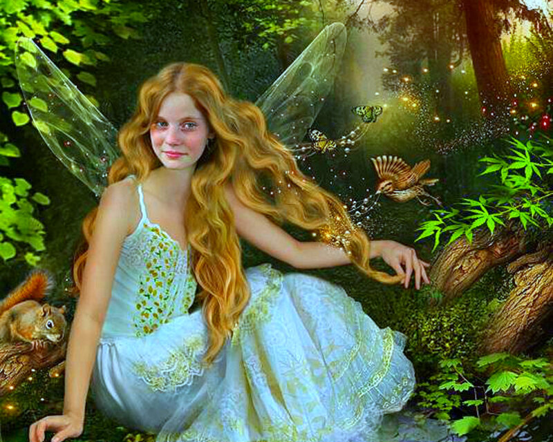 Fairy in Forest — Green, Serene, Afternoon, Digital Art, Squirrel