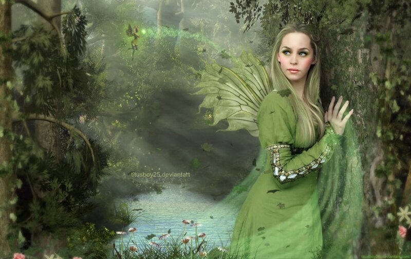 Fairy in Forest — Green, Serene, Afternoon, Digital Art, Tree, River, Fairy Wings
