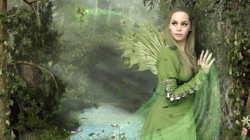 Fairy in Forest — Green, Serene, Afternoon, Digital Art, Tree, River
