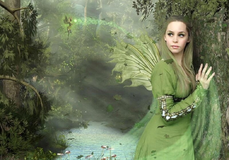 Fairy in Forest — Green, Serene, Afternoon, Digital Art, Tree