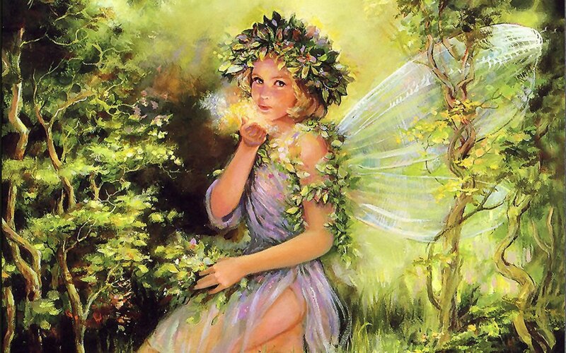 Fairy in Forest — Green, Serene, Afternoon, Painting, Wings, Crown of Leaves, Glowing Light
