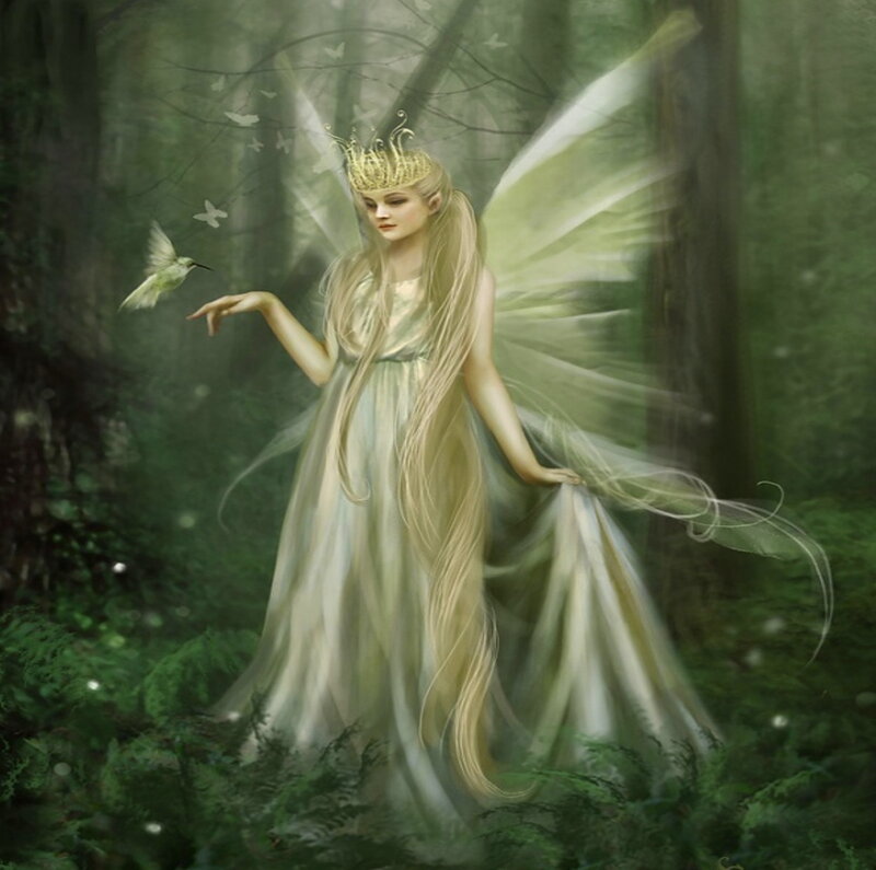 Fairy in Forest — Green, Serene, Digital Art, Bird