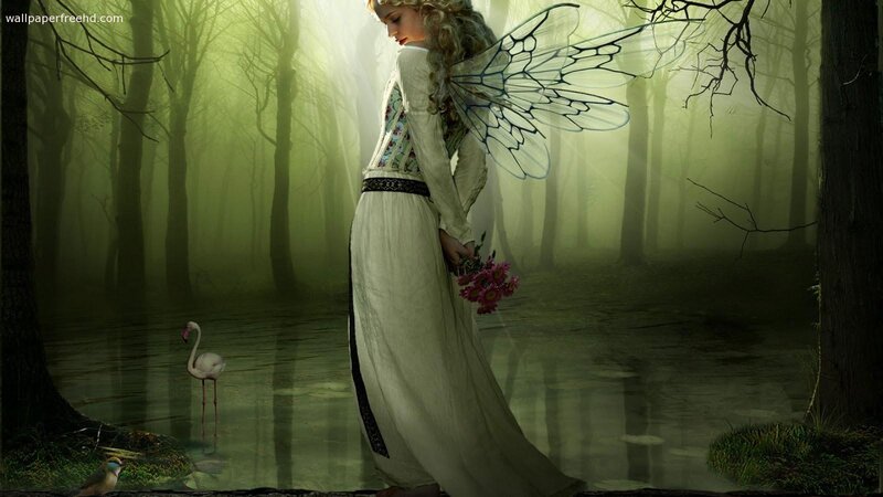 Fairy in Forest — Green, Serene, Morning, Digital Art, Flamingo