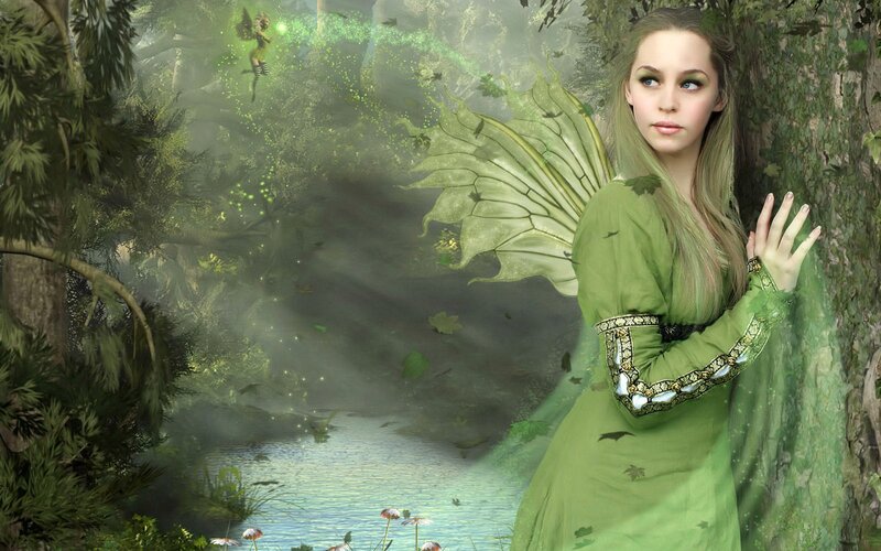 Fairy in Forest — Green, Serene, Morning, Digital Art, Tree, River, Fairy Wings