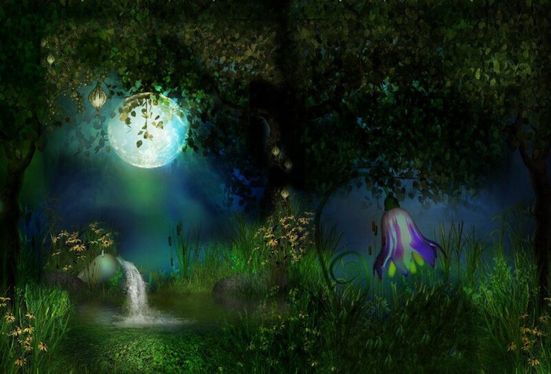 Fairy in Forest — Green, Serene, Night, Digital Art, Moon