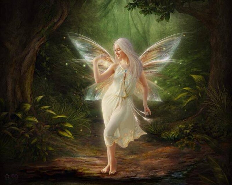 Fairy in Forest — Green, Serene, Night, Digital Art, Wings, Dress