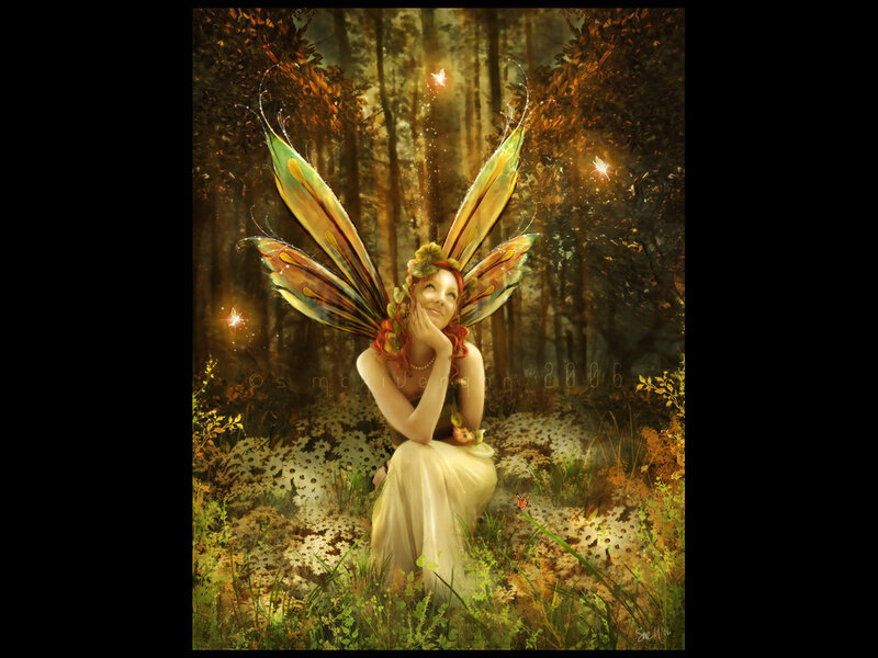 Fairy in Forest — Green, Serene, Night, Digital Art, Wings, Fireflies