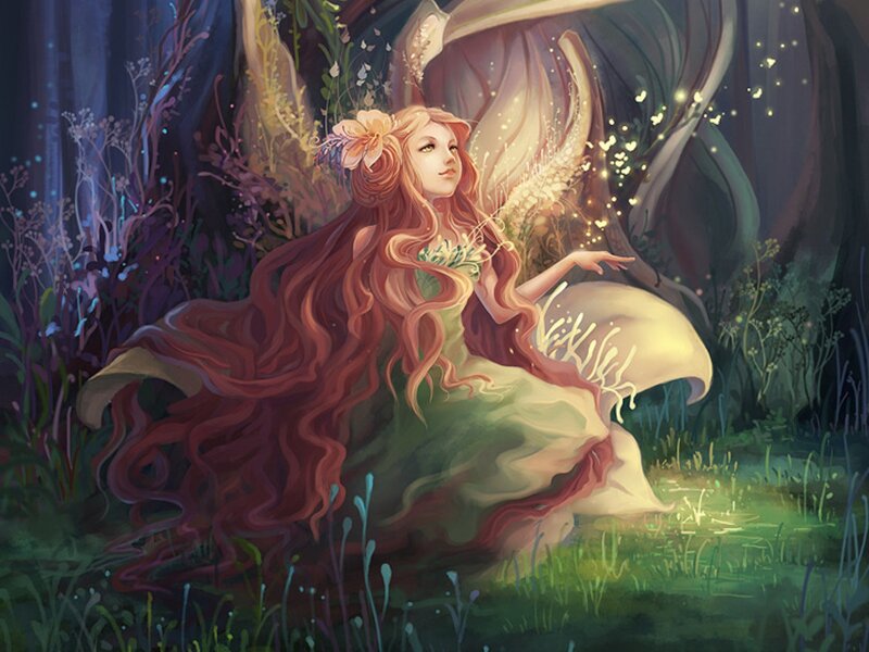 Fairy in Forest — Green, Serene, Night, Digital Art, Wings, Flowers