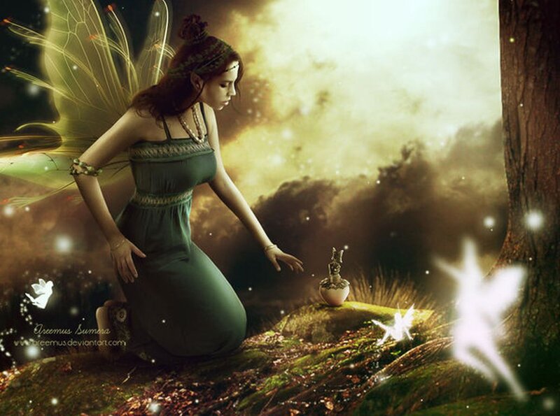 Fairy in Forest — Green, Serene, Sunset