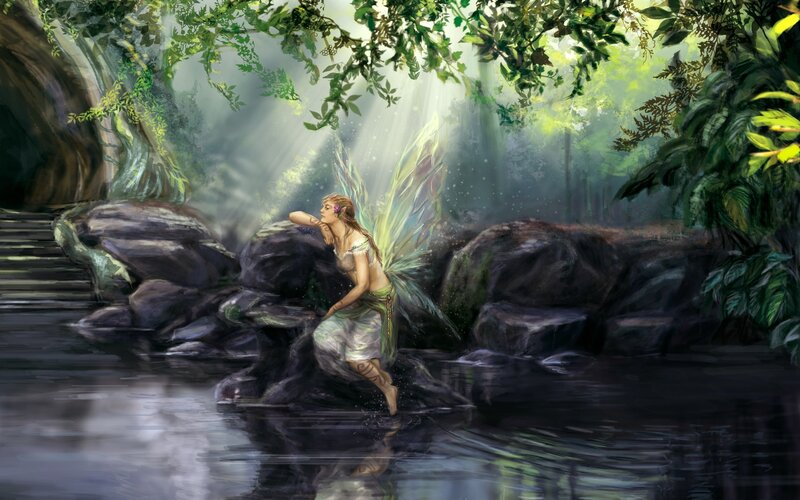 Fairy in Forest Stream — Green, Serene, Morning