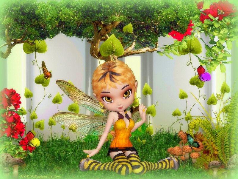 Fairy in Garden — Green, Whimsical, Spring, Digital Art