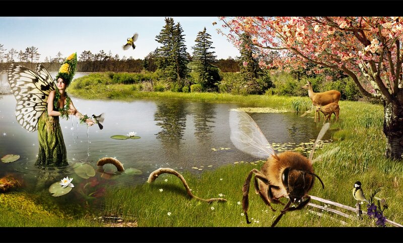 Fairy in Pond with Deer