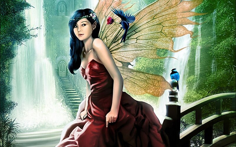 fairy in red dress by waterfall