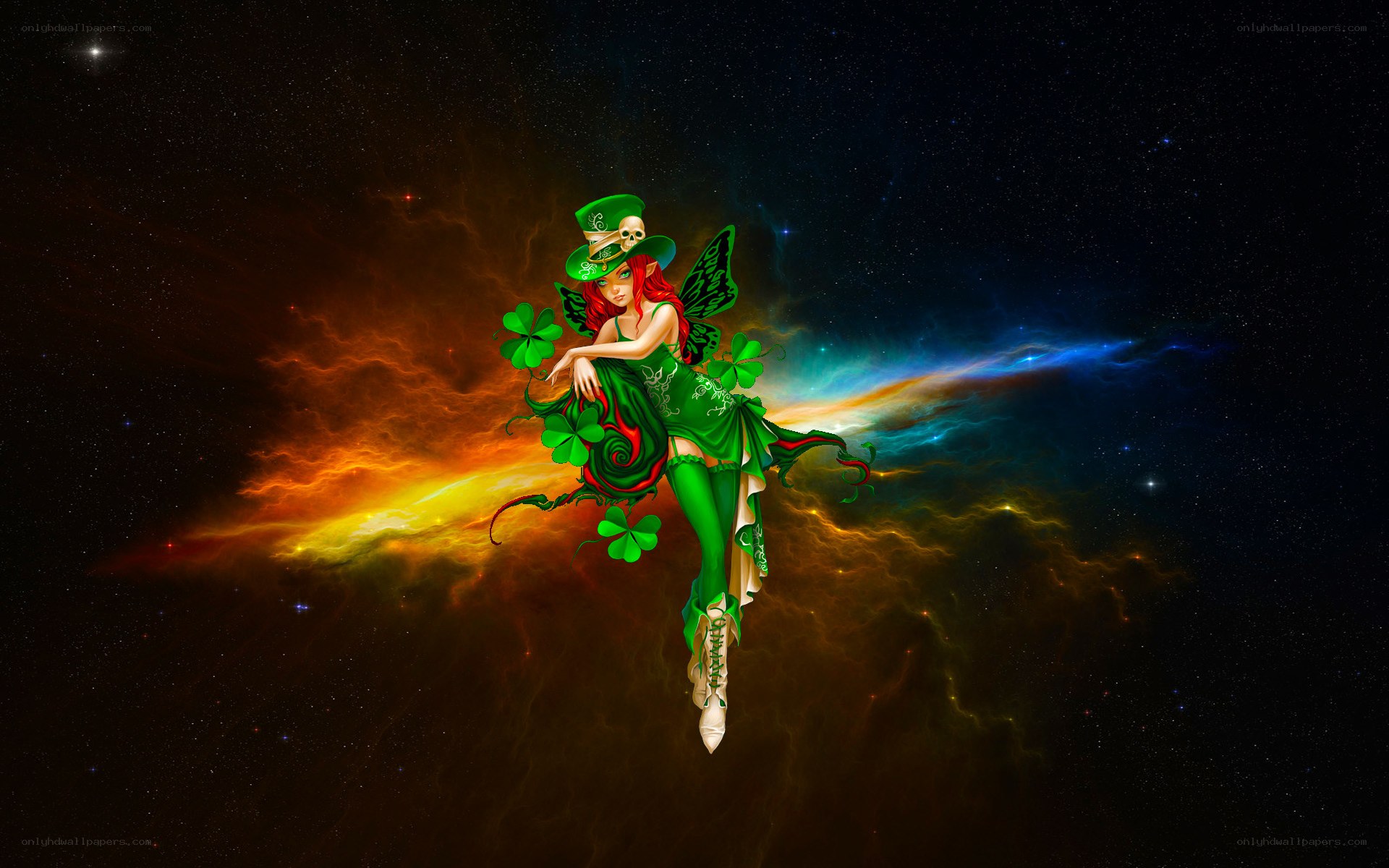 Fairy in space with clovers