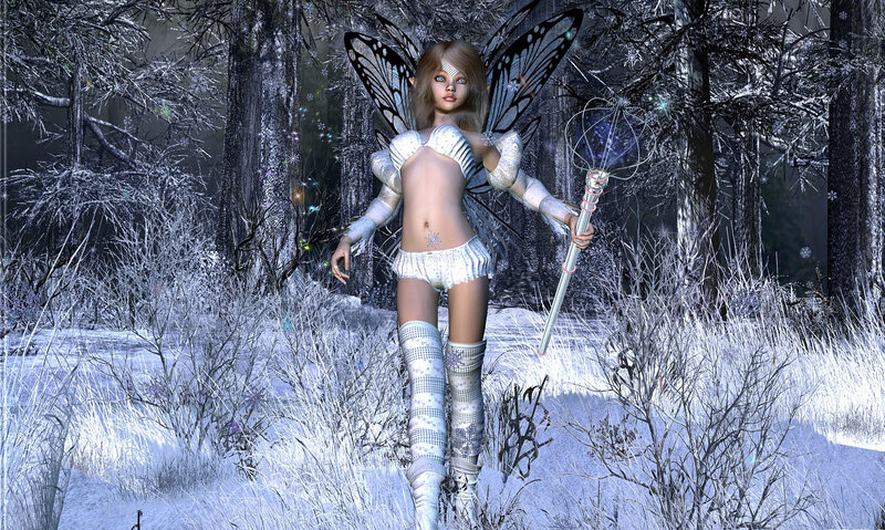Fairy in Winter Forest — White, Cold, 3d Render