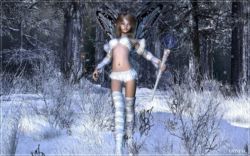 Fairy in Winter Forest — White, Cold, Digital Art