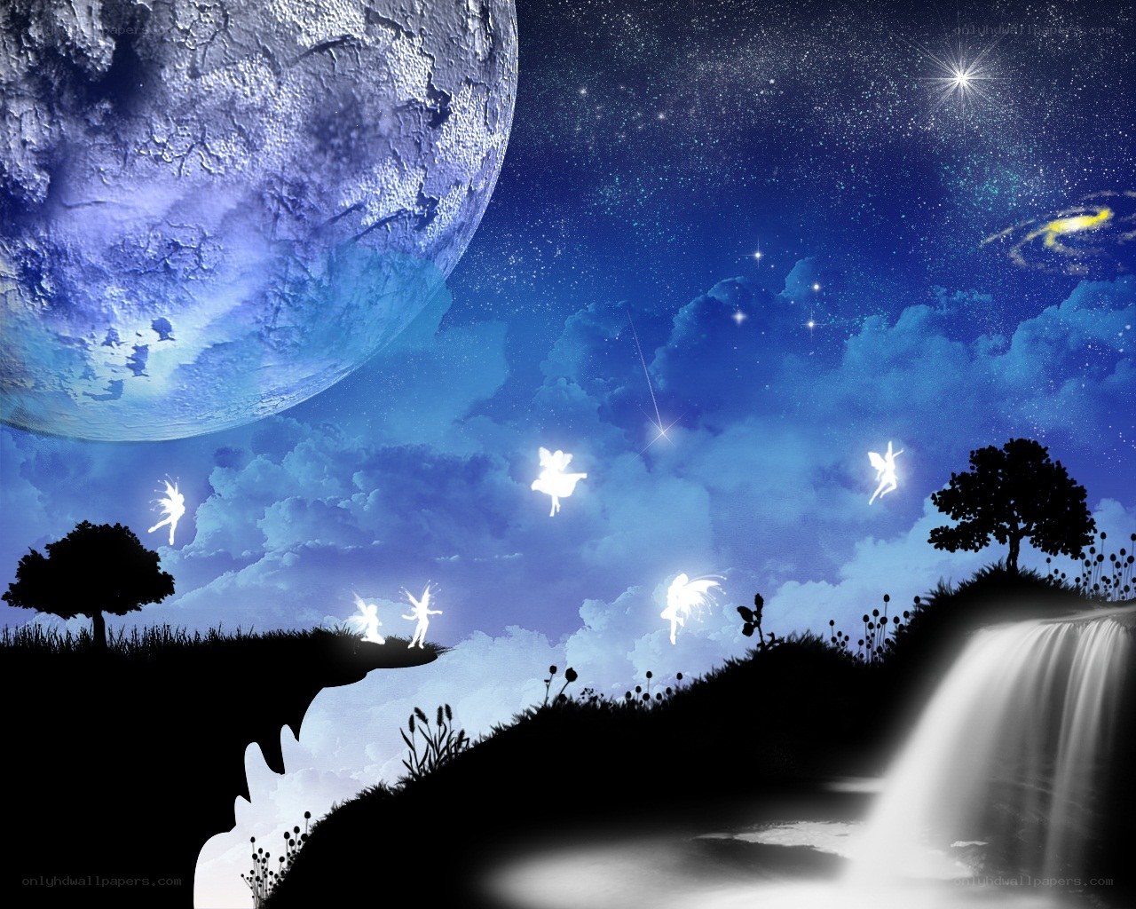 Fairy lights over a moonlit landscape