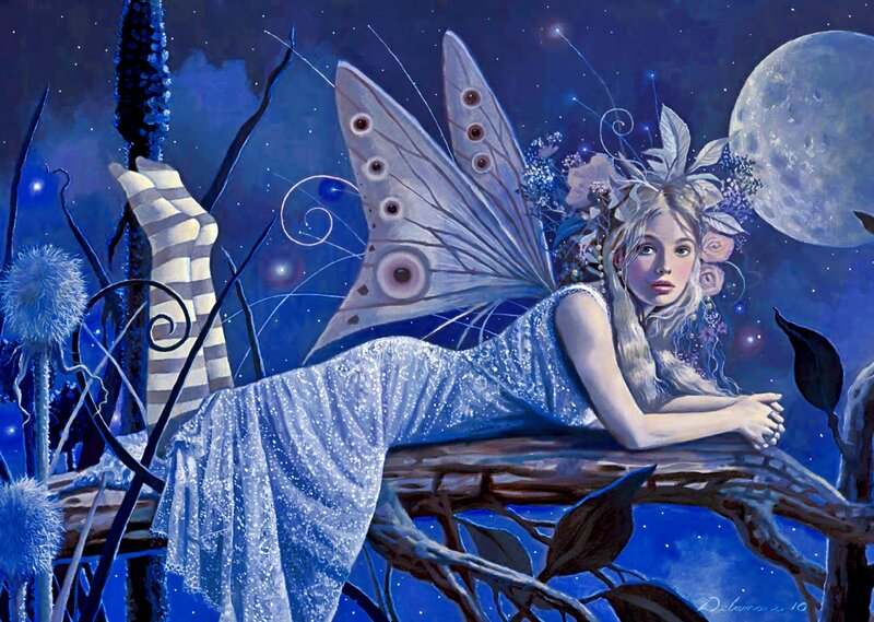 Fairy on a Branch — Blue, Serene, Night