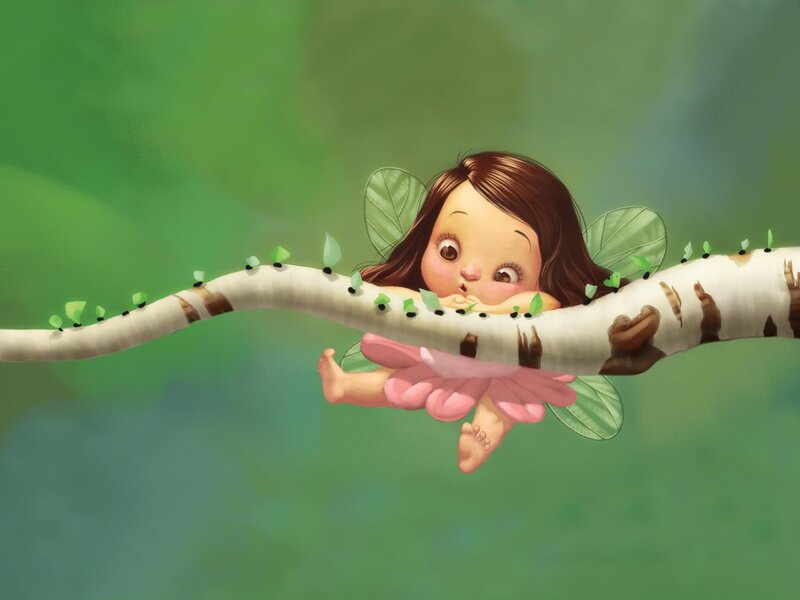 Fairy on a Branch — Green, Whimsical, Digital Art