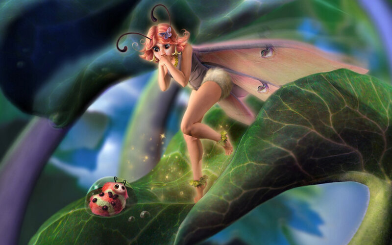 Fairy on a Leaf — Green, Whimsical, Digital Art, Bug