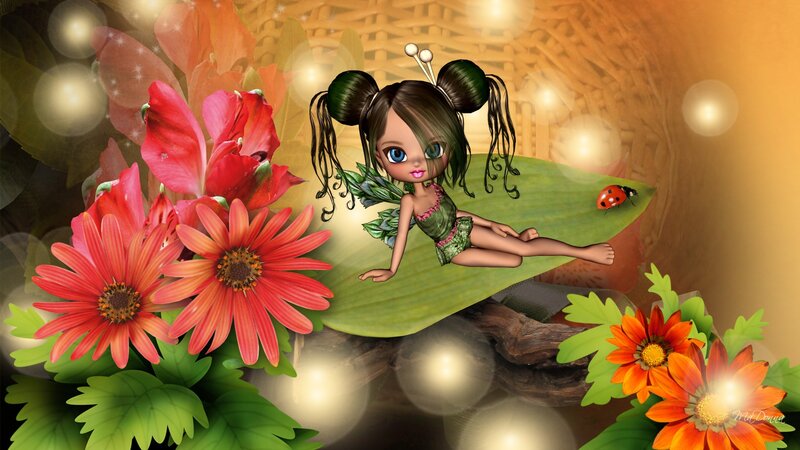 Fairy on a Leaf — Green, Whimsical, Digital Art