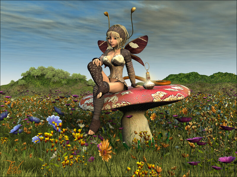 Fairy on a mushroom in a flower field