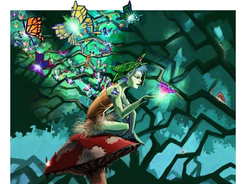 Fairy on a mushroom in a magical forest